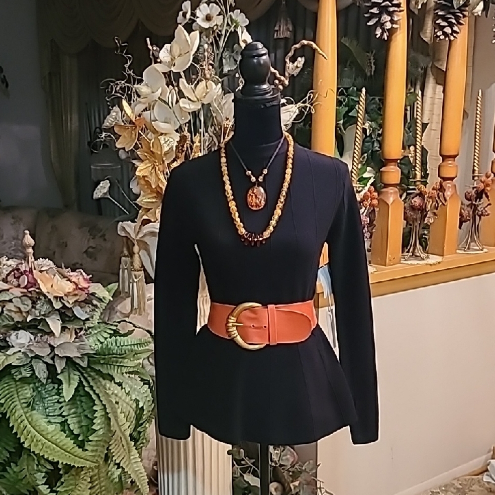 Donna Karan NY Orange Wide Leather Belt With Oversized Gold Buckle Made In Italy